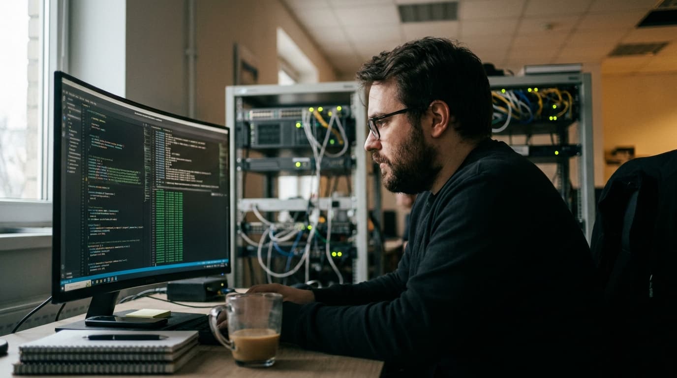 A security analyst examines code on a computer screen in a data center control room.