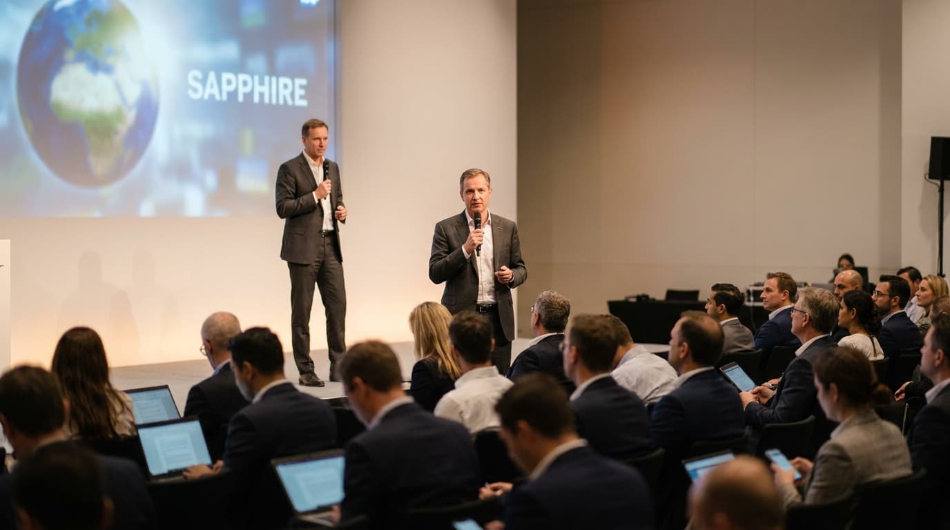 An SAP executive gives a keynote presentation on a brightly lit stage at a large technology conference.