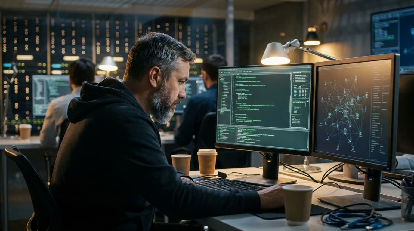 A security analyst studies complex code on a computer screen in a dark office, focused on finding a digital threat.