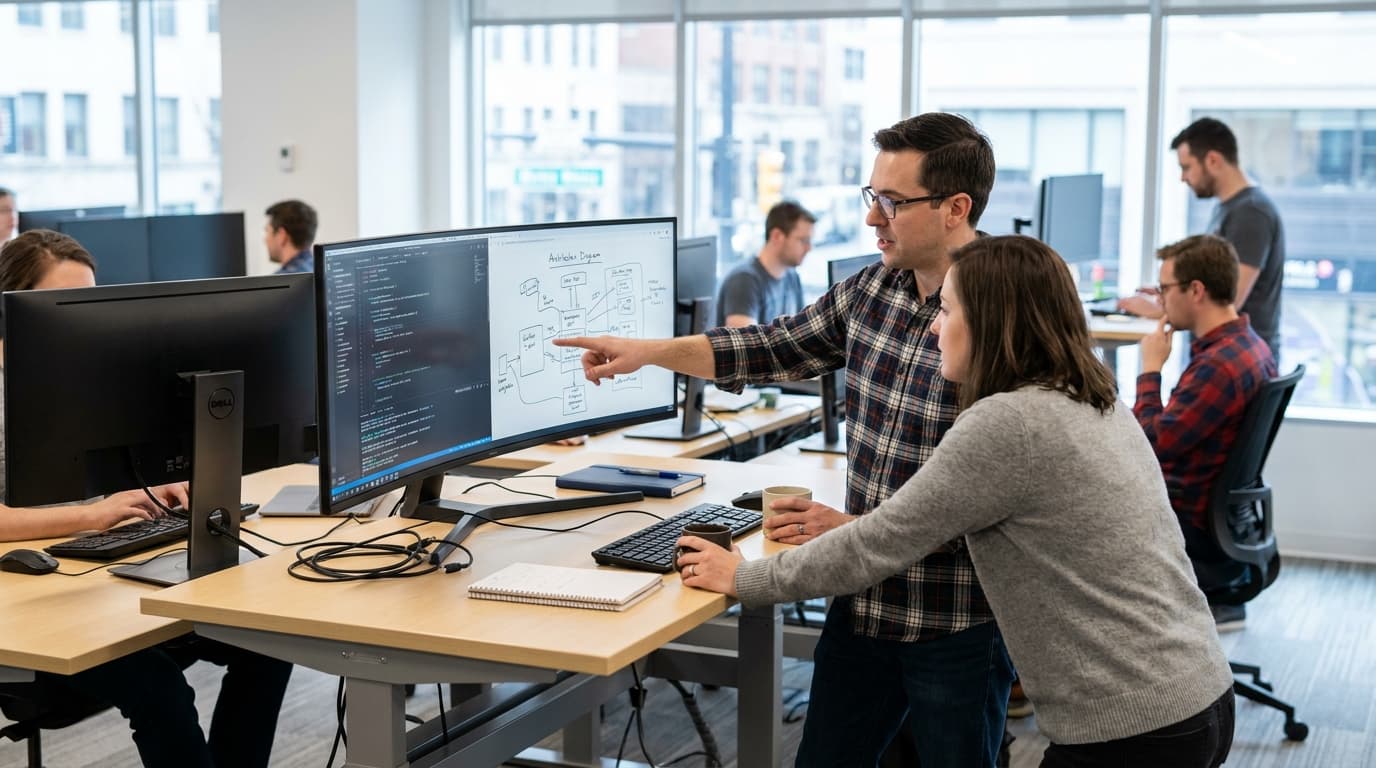 Two software developers discuss a code refactoring plan on a large screen in a corporate office environment.