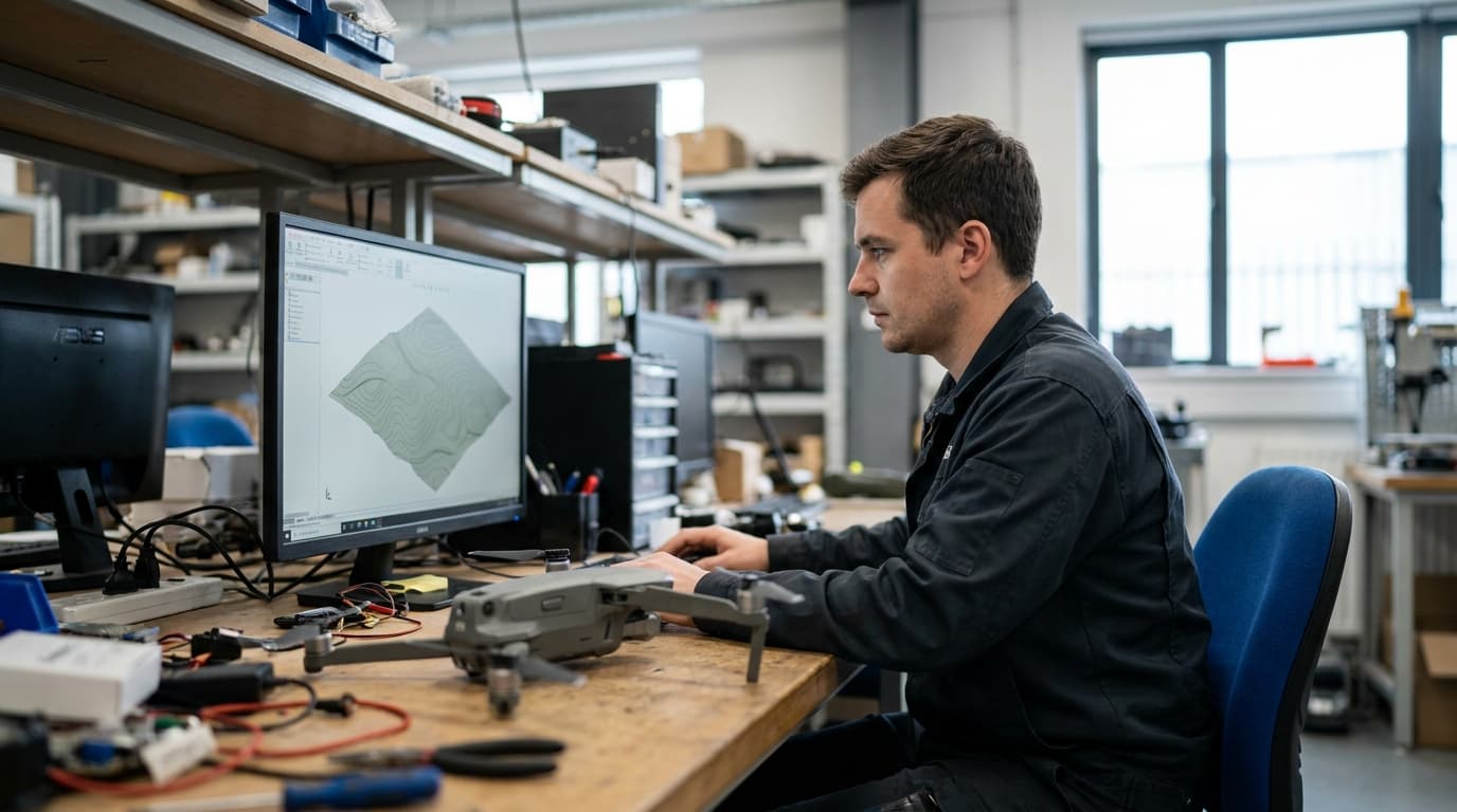 An engineer at a desk examines a 3D map on a screen, next to a small military reconnaissance drone on a workbench.