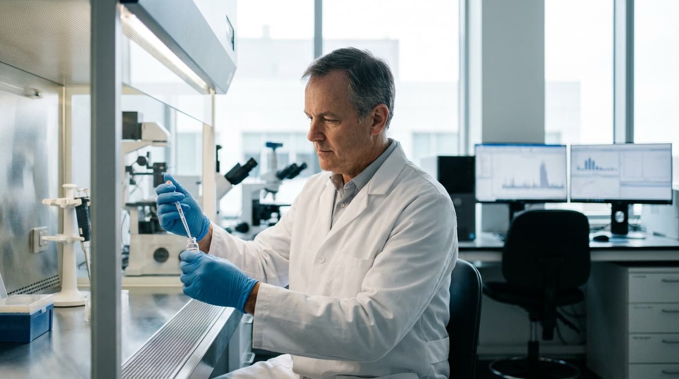A scientist in a lab coat works with a vial at a sterile laboratory bench with scientific equipment.