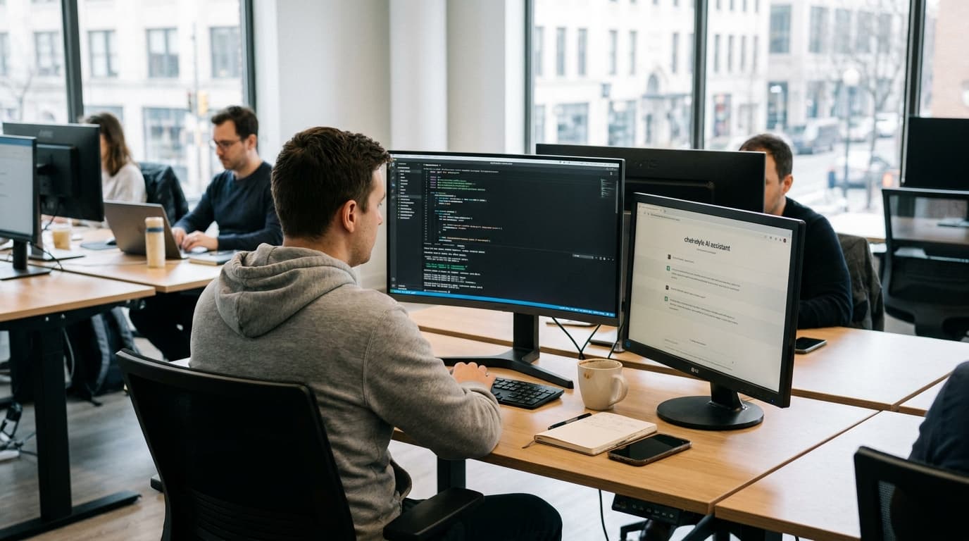 A developer works at a computer with two monitors, one showing code and the other showing an AI chat assistant interface.