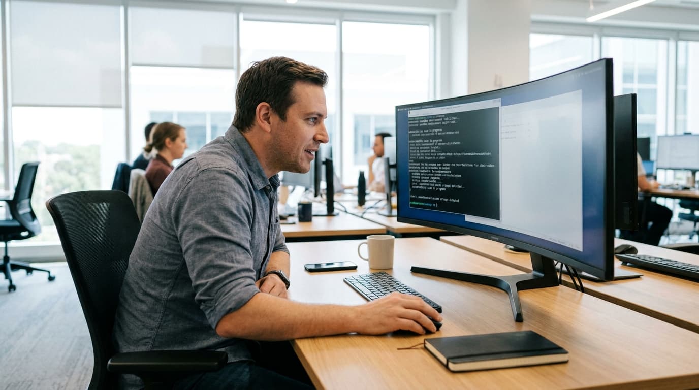 A developer in an office environment reviews security settings for a container sandbox on their computer monitor.
