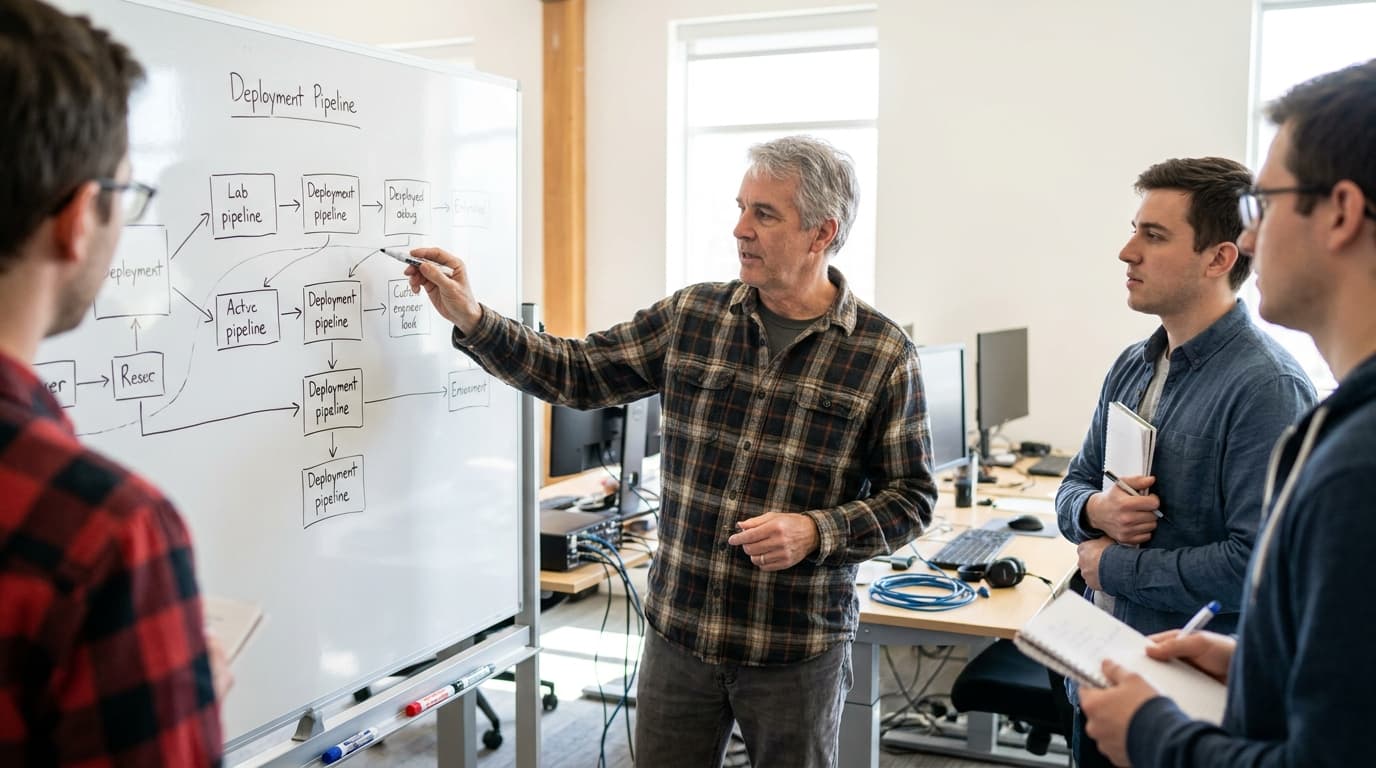 A software developer explains a deployment pipeline diagram on a whiteboard to colleagues in an office.