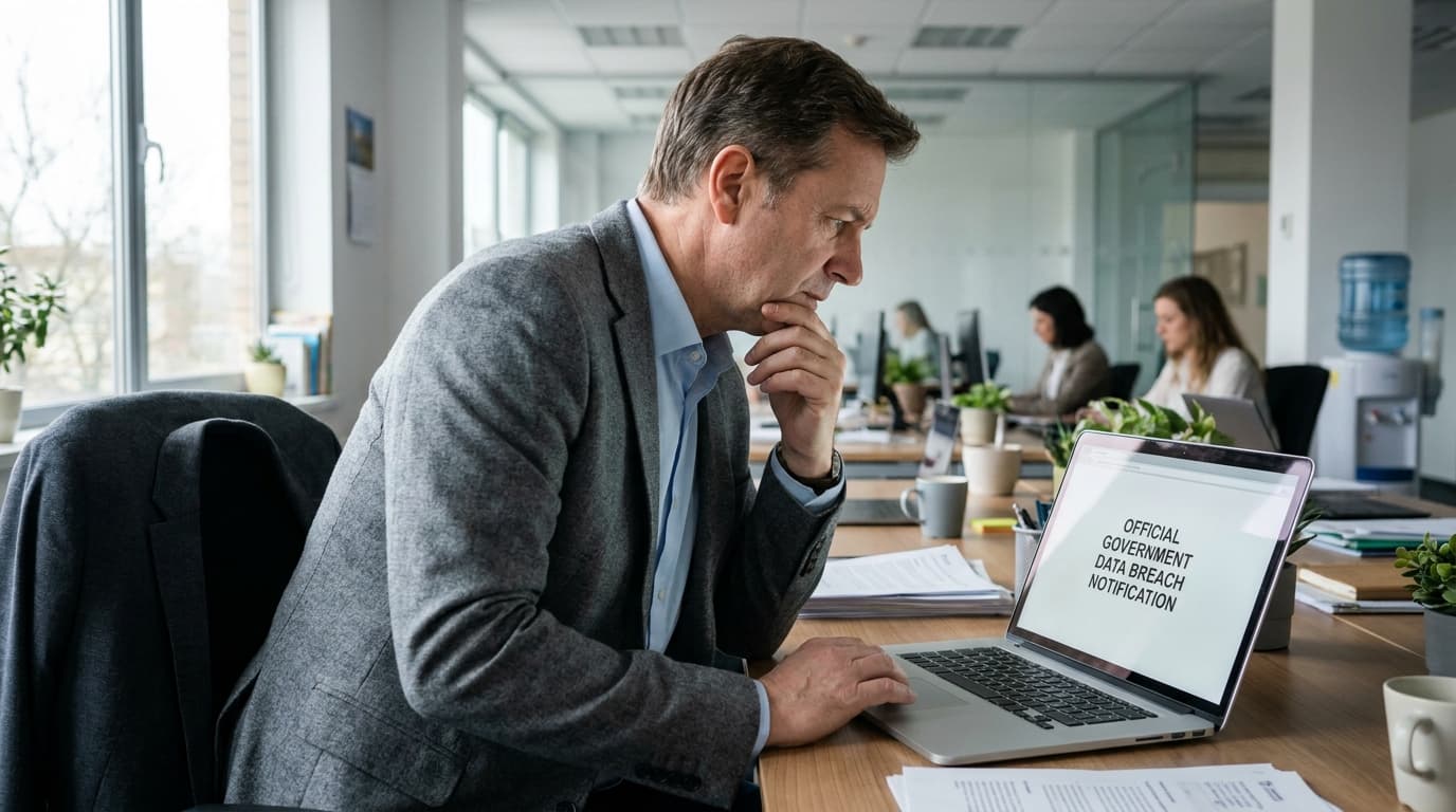 A person in a business office looks at a government data breach website on their laptop with a concerned expression.