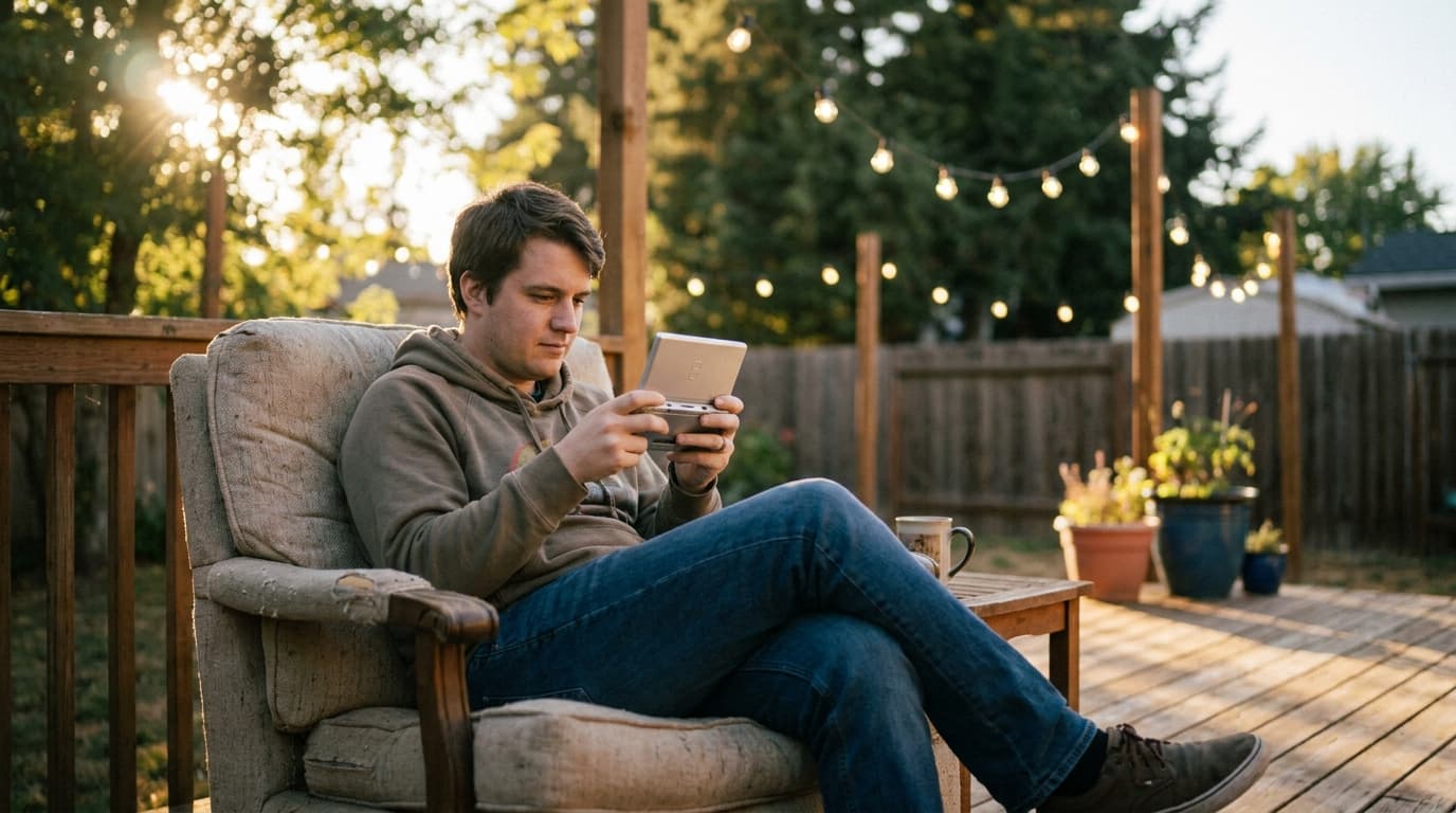 A person relaxes on a patio in the summer, holding and playing a classic Nintendo DS handheld gaming console.