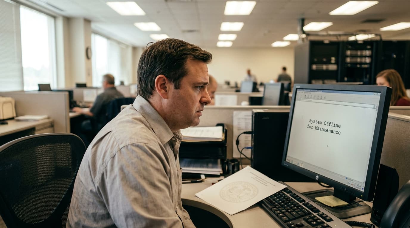 An office worker looks at a computer screen showing a system offline message in a government building.