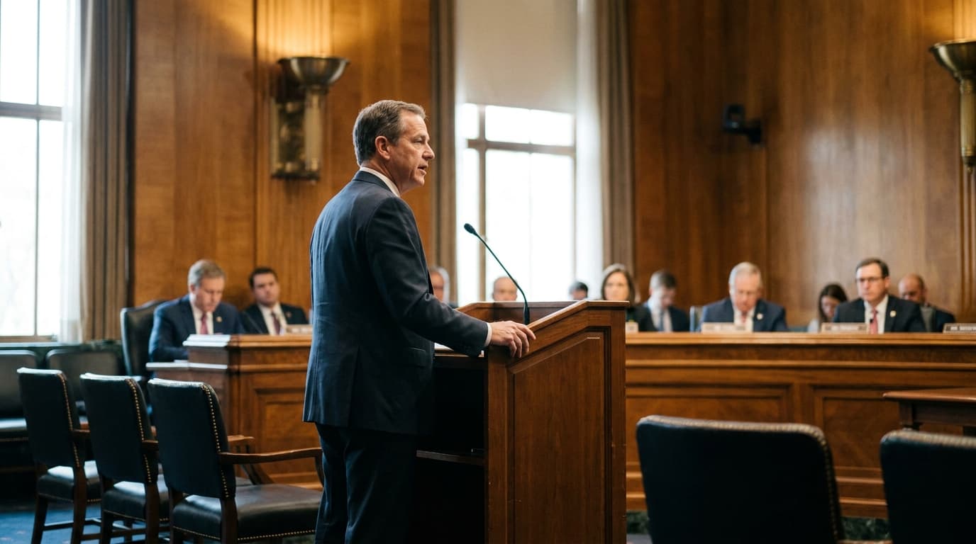 A government official testifying before a congressional committee in a formal hearing room.