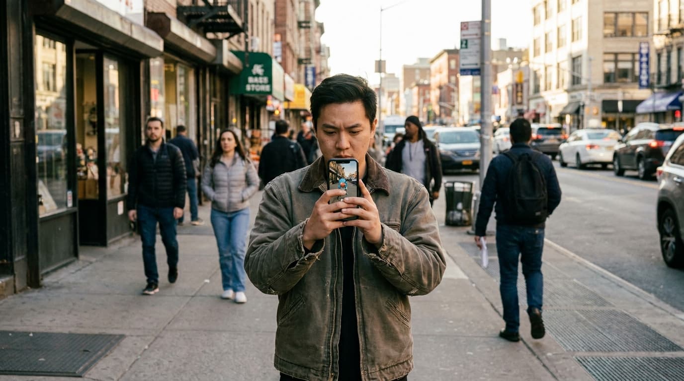 A person standing on a sidewalk holds up their smartphone, seemingly playing a game or taking a picture of the street scene in front of them.
