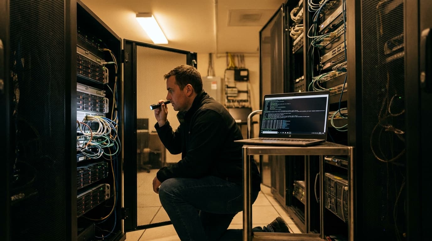 A network engineer inspects a server rack in a data center while working on a laptop computer.