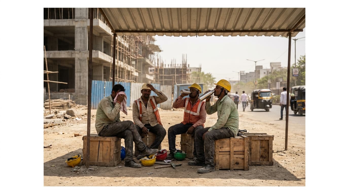 Several construction workers rest in the shade of an unfinished building during a hot, sunny day.