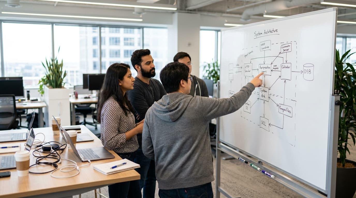 A group of software engineers discussing a system architecture diagram drawn on a whiteboard in an office.