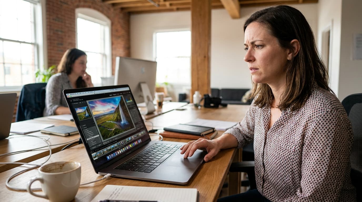 A designer working on a creative project on their laptop in a modern office space.
