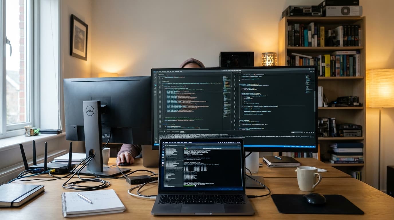 A security researcher works at a computer in a dimly lit room, analyzing code related to a system vulnerability.