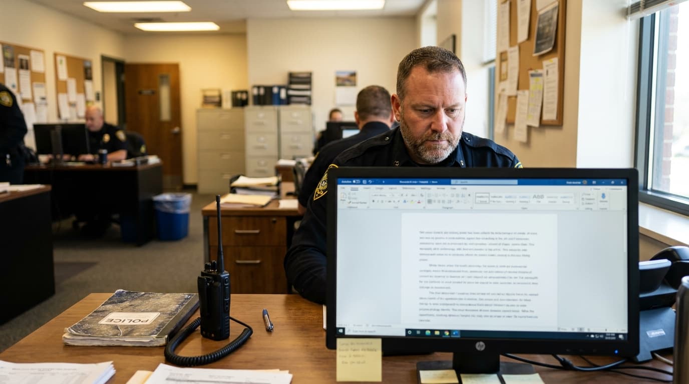 A police officer in uniform works at a computer at their desk inside a police station office.