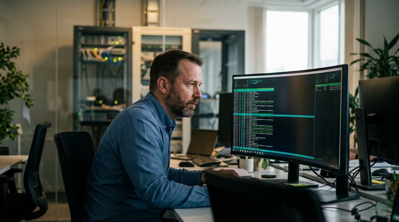 A security engineer sits at a desk in a data center, reviewing security logs on a computer monitor.