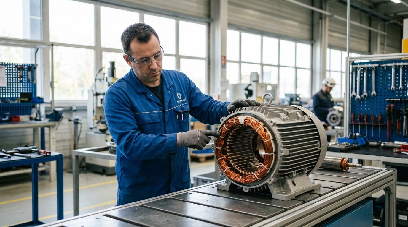An engineer examining the internal copper components of a Renault rare earth-free electric motor in a manufacturing facility.