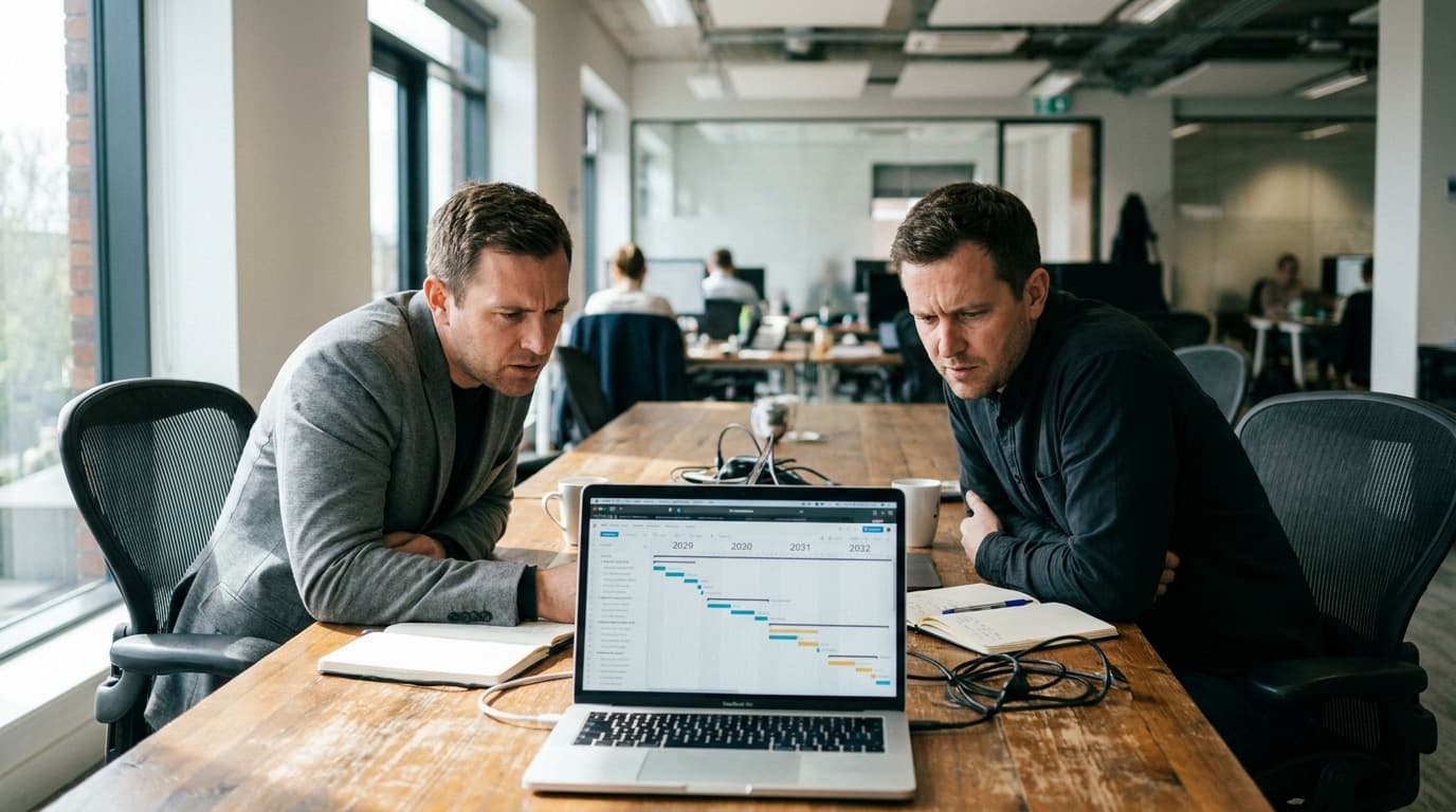 Two IT executives in a modern office review a project timeline on a laptop, focusing on a multi-year plan.