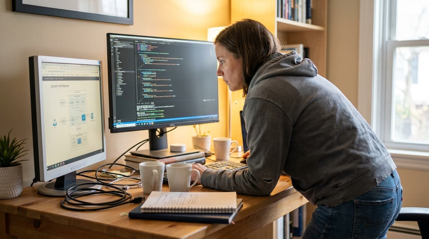 A developer at a desk reviews code on a modern computer monitor, with an older monitor displaying schematics nearby.