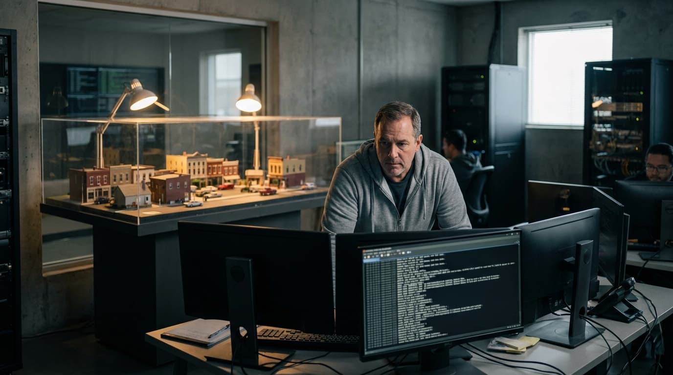 A group of cybersecurity professionals in a control room observe a miniature replica of a town used for cyberattack simulations.