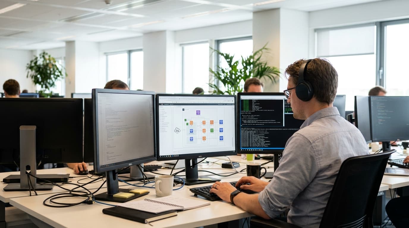 An engineer at a desk reviews an AWS architecture diagram on a monitor while working on a computer in an office.