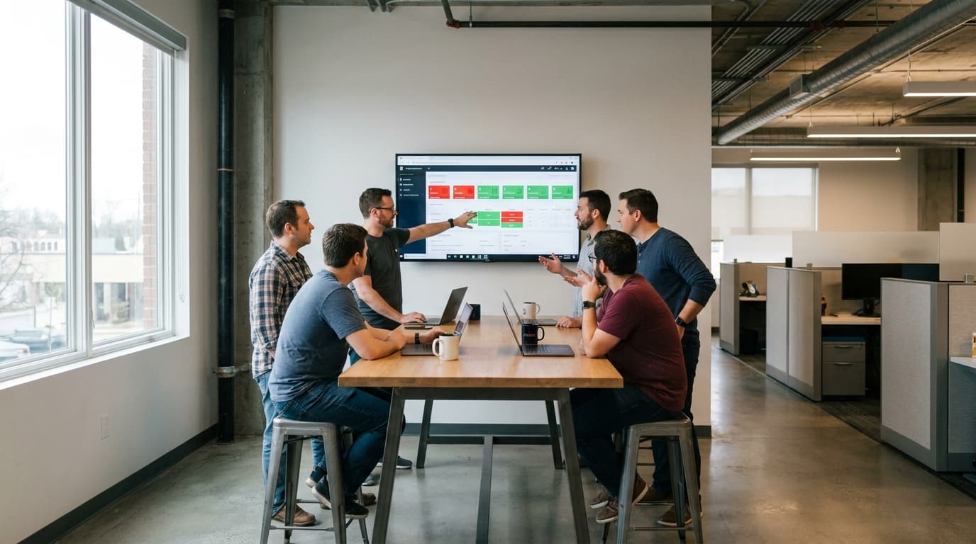 A group of diverse engineers in an office looking at a large screen with graphs and data, discussing a technical issue.