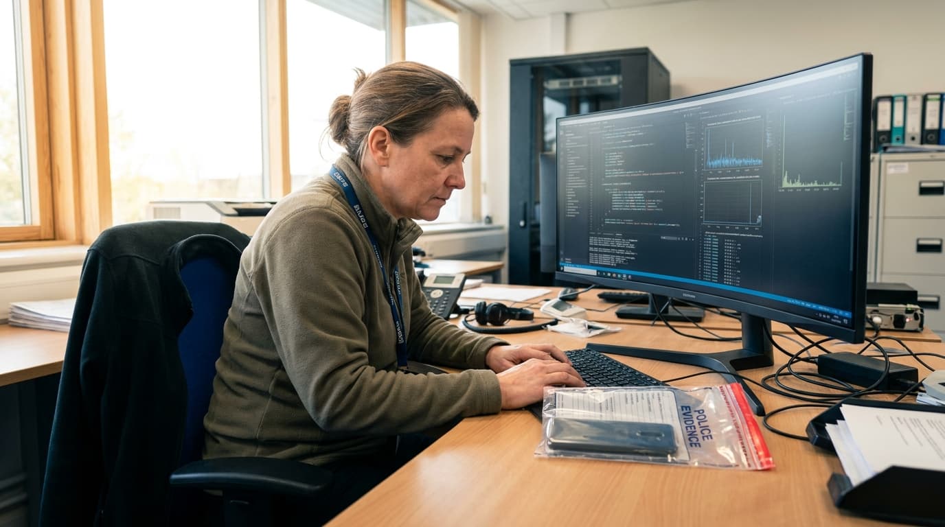 A digital forensics analyst reviews information on a computer screen in a lab, with a police evidence bag on the desk.