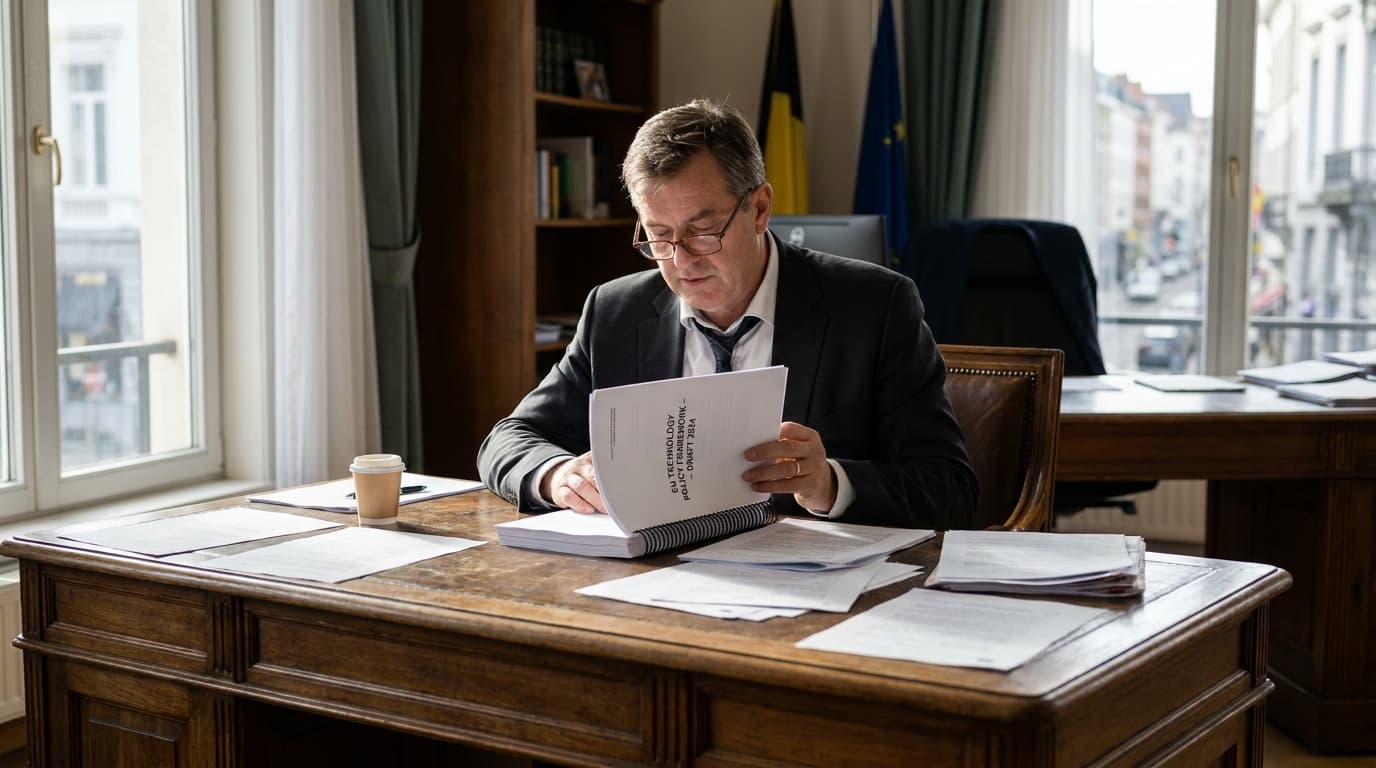 An official in a business suit sits at a desk in a government office, carefully reading a document.