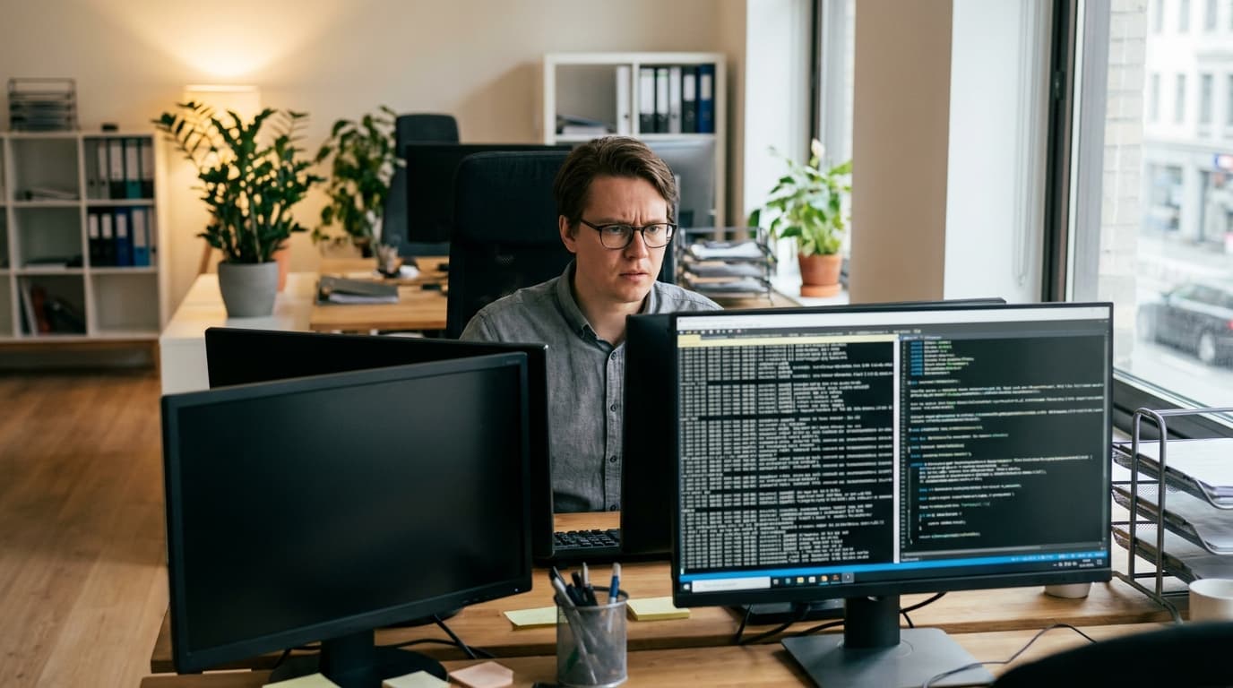 A security analyst studies complex log files on a computer monitor in an office setting, looking concerned.