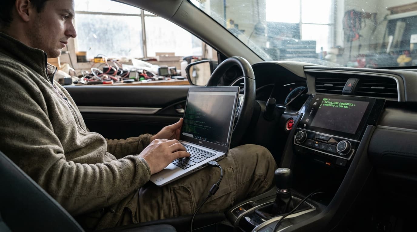 A person uses a laptop to connect to the USB port on the dashboard of a Honda Civic, demonstrating a security test.