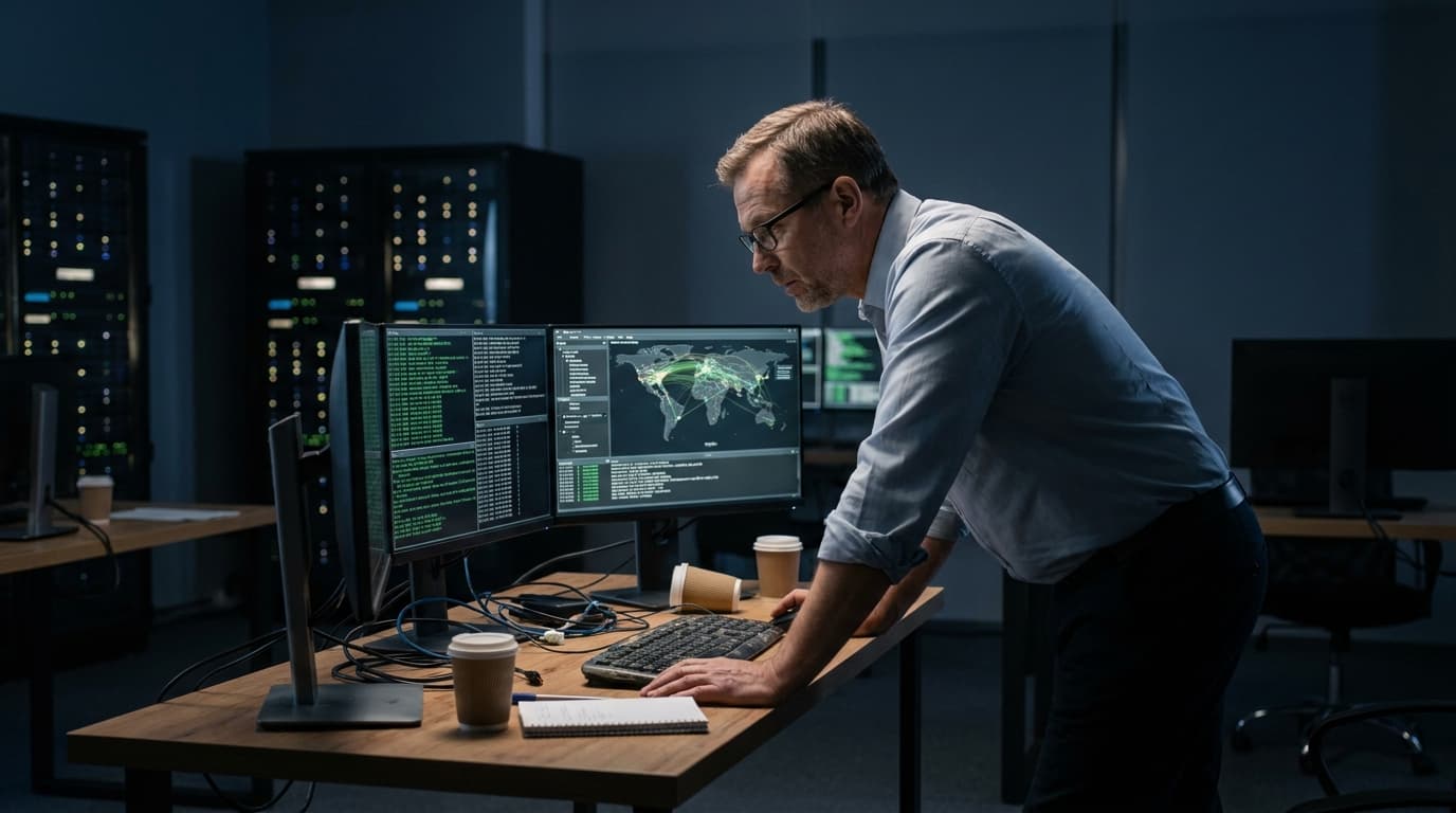 A cybersecurity professional analyzes data on computer screens in a dimly lit office environment.