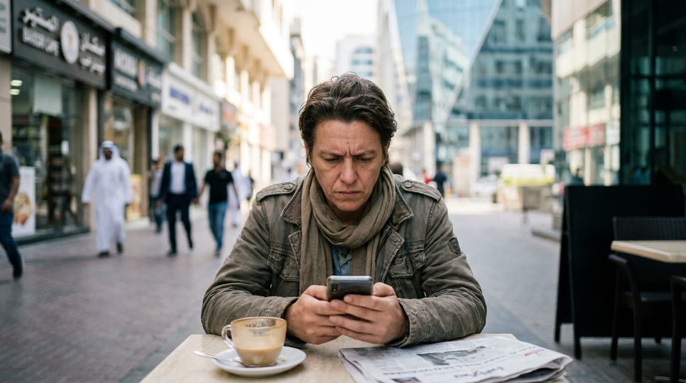 A person in a cafe looks at their smartphone with a concerned expression while scrolling through a social media app.