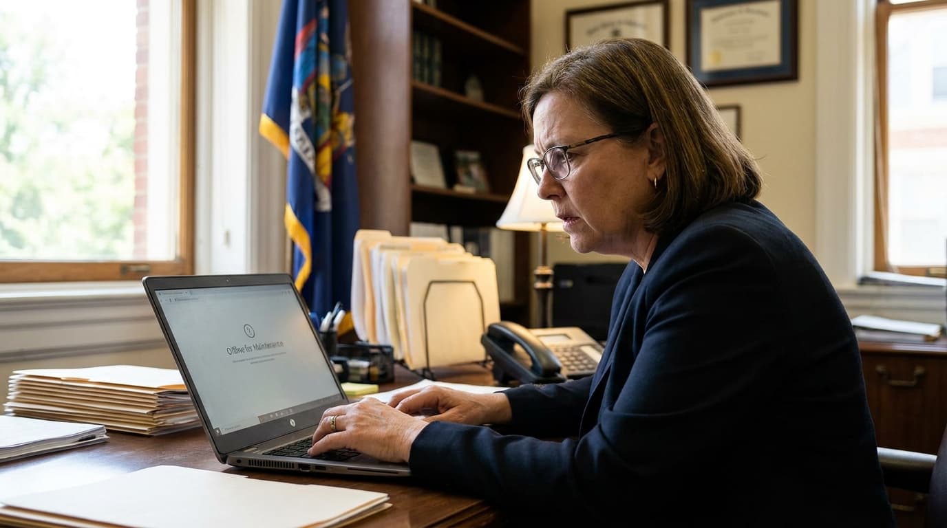 A government employee sits at a desk in an office, looking at a laptop screen that shows a system is offline.
