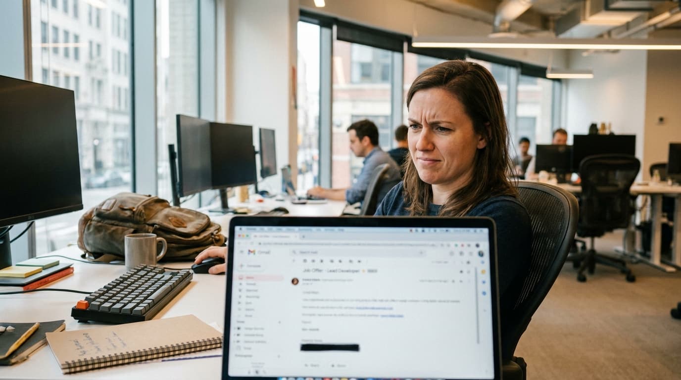 A developer sitting at a desk in an office, carefully reading an email on a laptop.