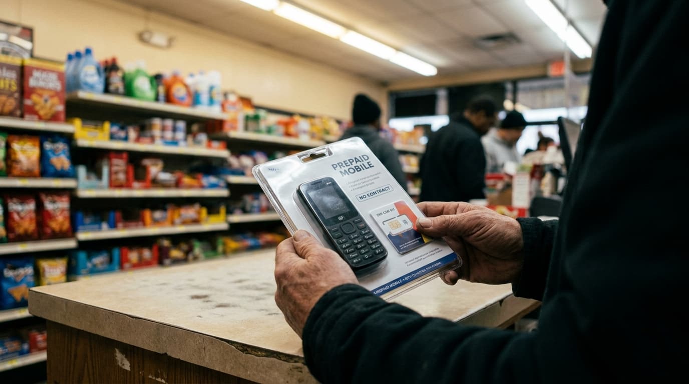 A person holds a new prepaid mobile phone in its box, about to purchase it at a store counter.