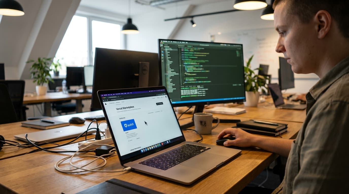 A developer sitting at a desk uses a laptop to install the Auth0 integration from the Vercel Marketplace.