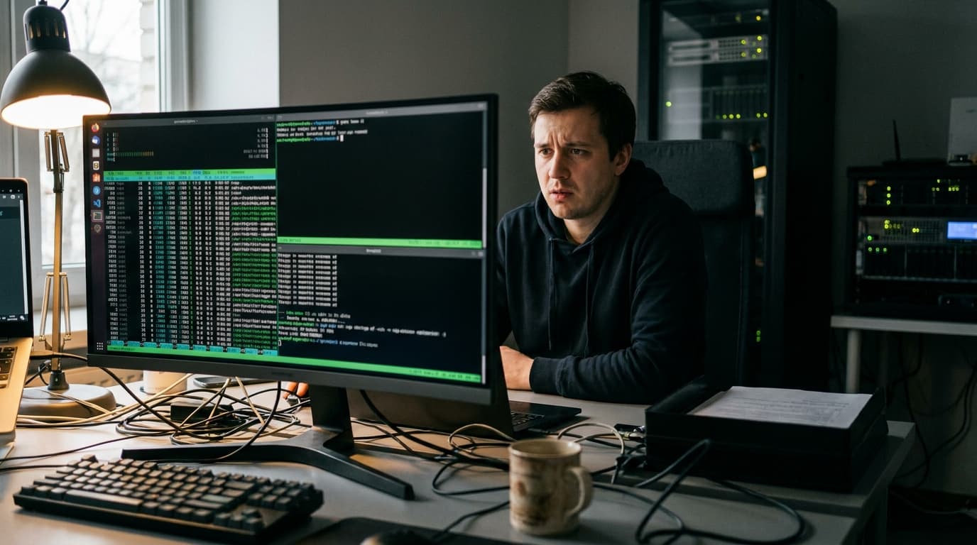 A software developer sits in front of a computer screen showing a complex terminal interface, a common sight for users of tmux.