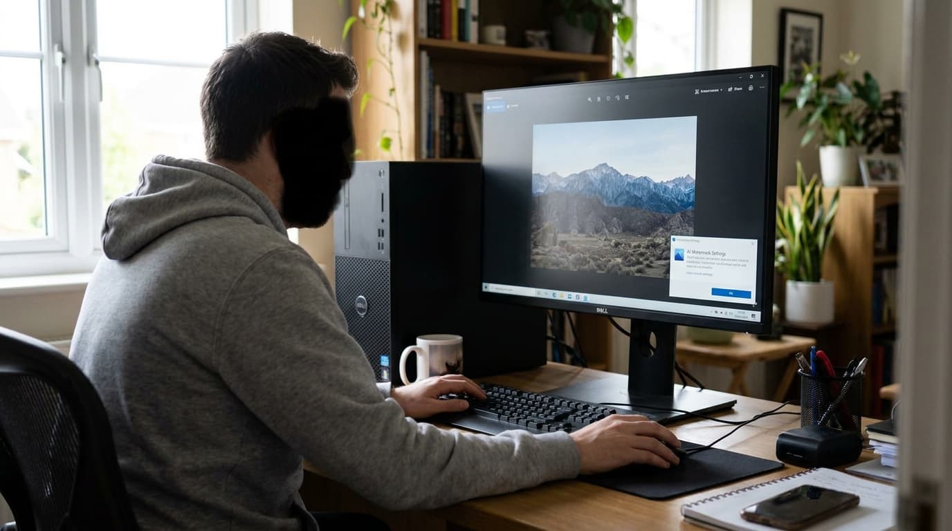 A user editing an image in the Windows Photos app on a desktop computer, with the new AI watermark setting visible on the screen.