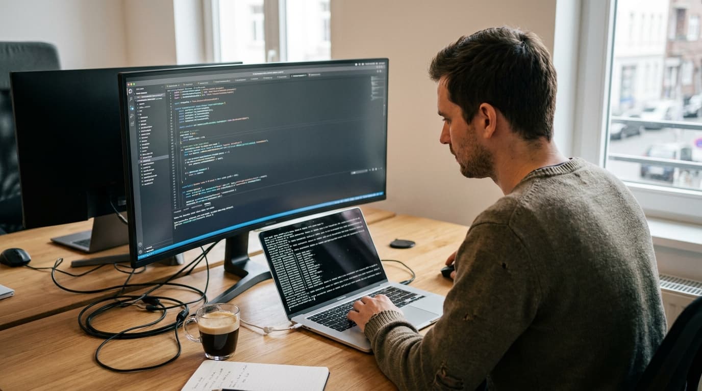 A developer at their desk programming a desktop application on a large computer monitor in a well-lit office.