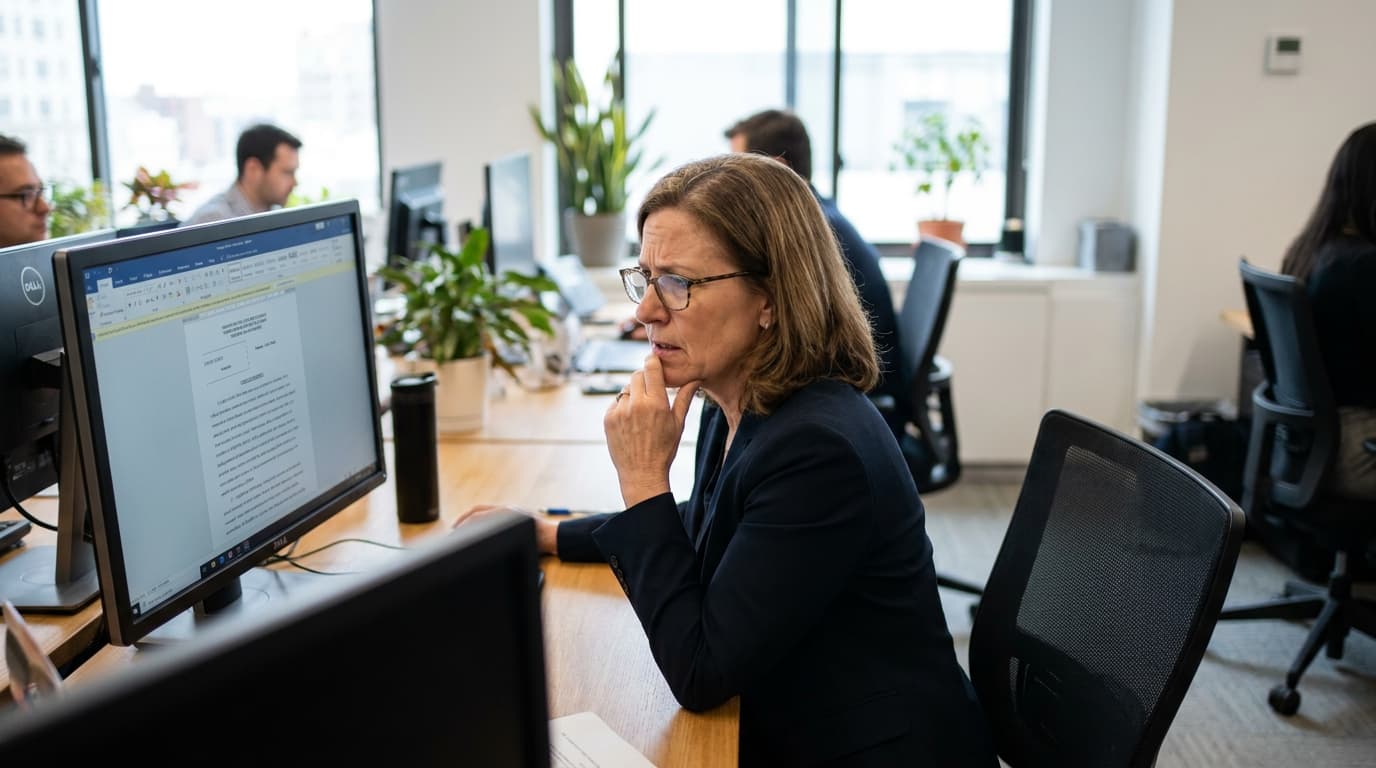 A legal professional sits at a desk in an office, carefully reading a legal document displayed on a large computer monitor.