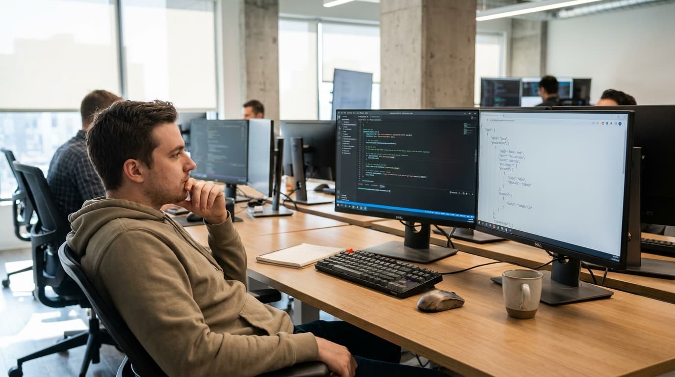 A developer reviews Python code on one screen while examining a structured data response from an AI on another screen in an office.