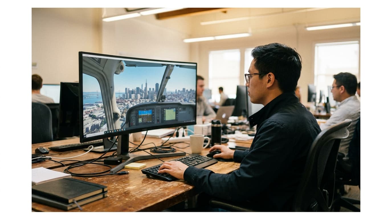 A person using the Google Earth flight simulator on a computer, showing a 3D city landscape from a virtual cockpit view.