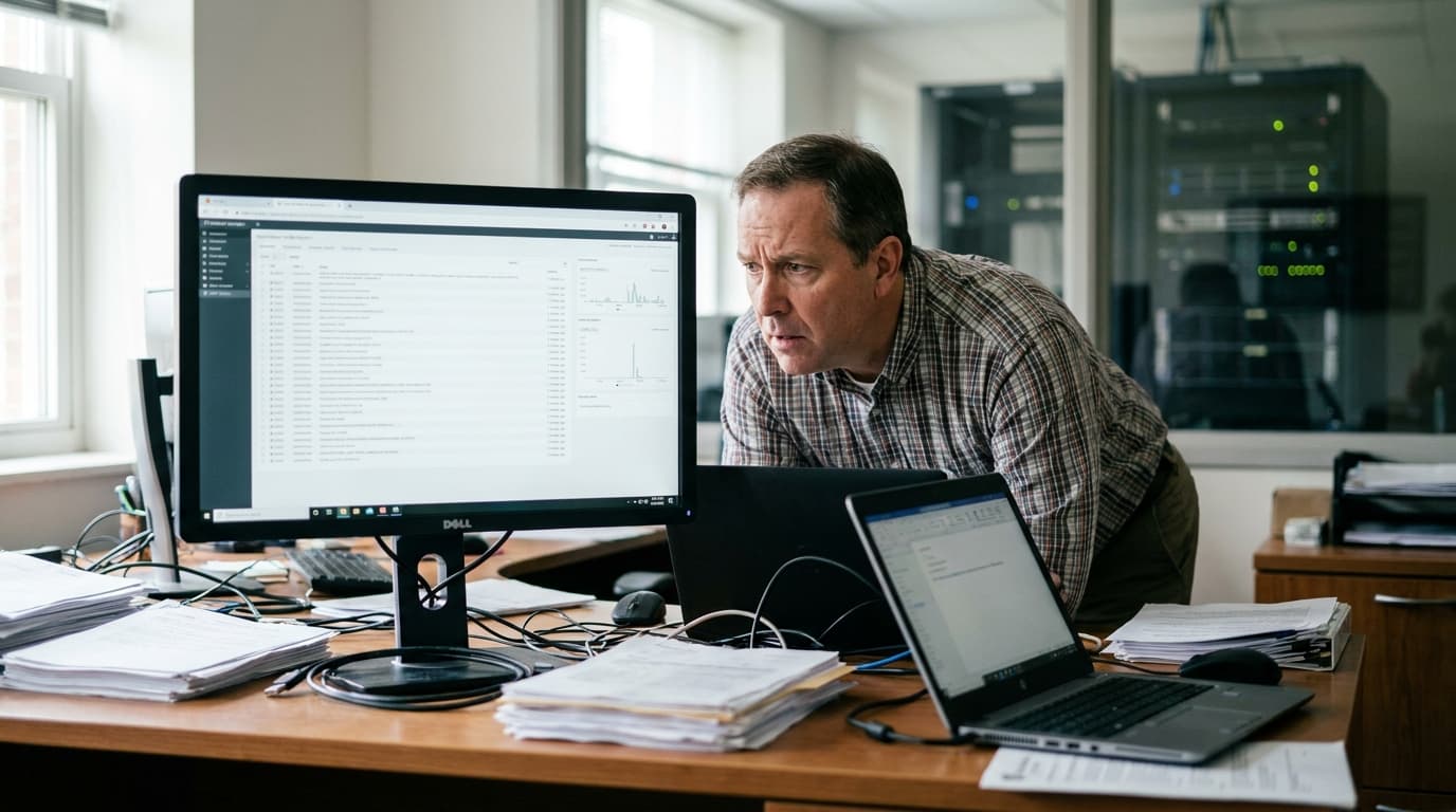 An IT professional in an office environment reviews a security alert on a computer screen.