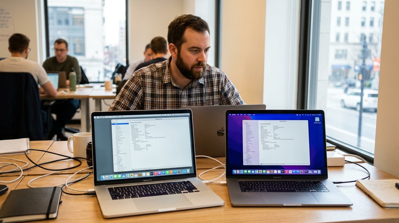 An office worker comparing an older silver Intel MacBook Pro to a newer space gray Apple Silicon MacBook Pro on a wooden desk.