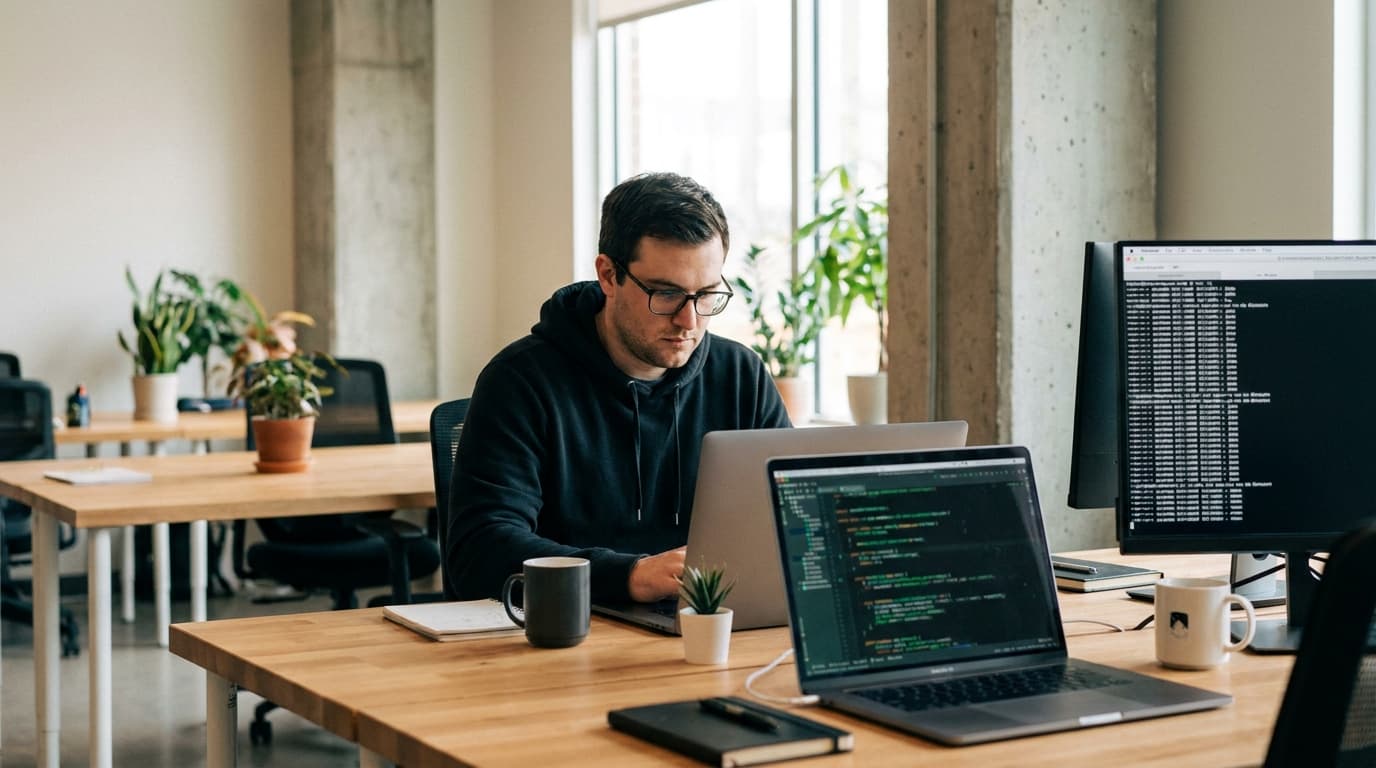 A software engineer sits at a desk in an office, writing Java code on a laptop computer.
