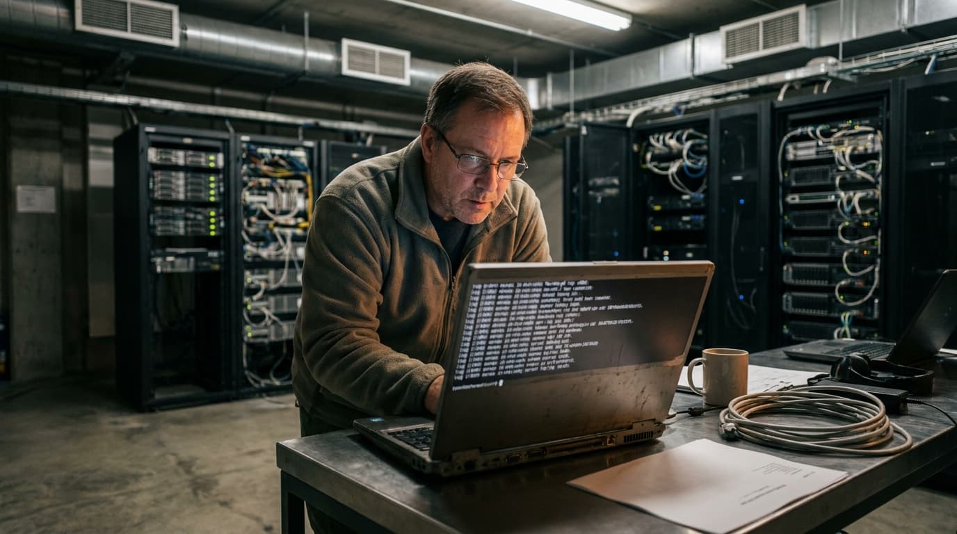 A security analyst works on a laptop in a data center, with server racks visible behind them.