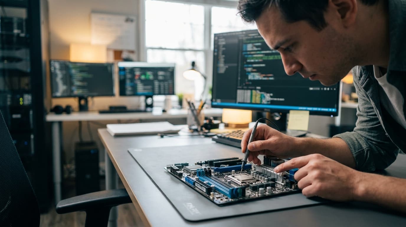 A technician inspecting the CPU and memory on a computer motherboard on a workbench.