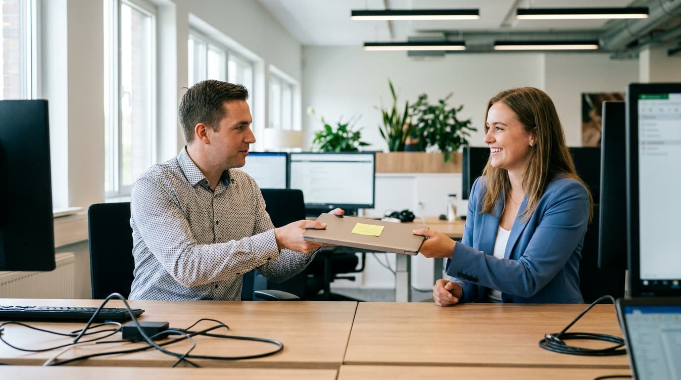 An IT administrator gives a new laptop to a new employee in an office, with a password written on a sticky note on the device.