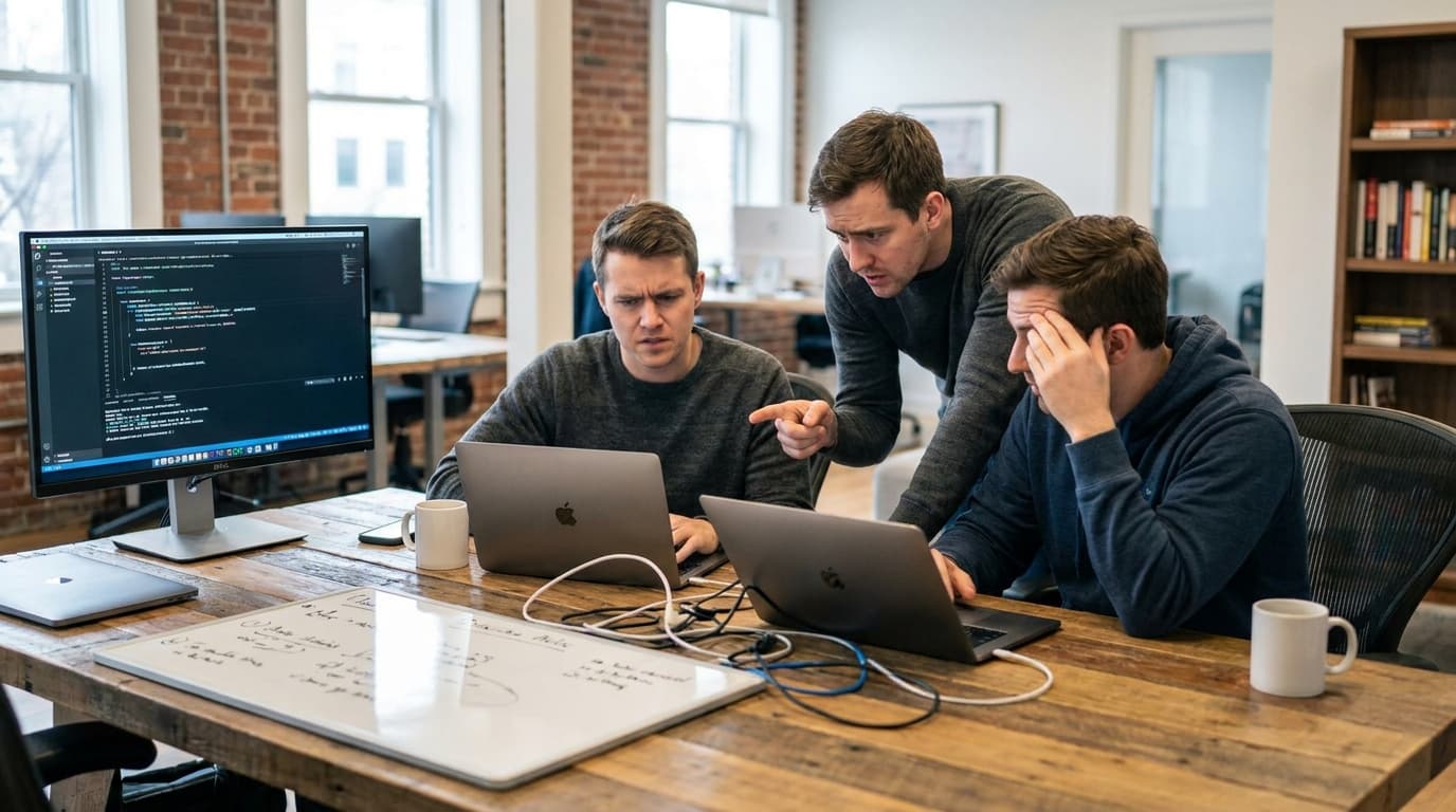 A group of game developers in an office look on with serious expressions during a team meeting.